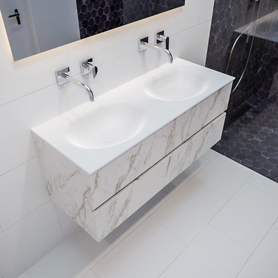 Mondiaz VICA ensemble de meuble de salle de bain - 120cm - meuble sous-vasque carrara - 4 tiroirs - lavabo moon double - sans trous de robinet - miroir LED - version XL 60cm de haut