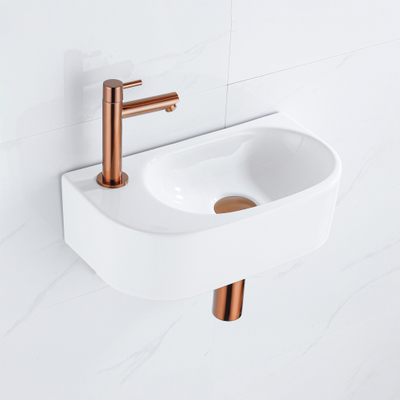 QeramiQ Fuente fonteinset – 40x21.5x12 cm – keramiek wit glans – kraangat links – geborsteld koperen kraan