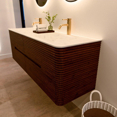 Mondiaz CIRO-DLUX Badkamermeubelset - 150x45x50cm - Solid surface wastafel Opalo - 2 wasbak Dubbel - 2 kraangaten - 4 lades - Ruby