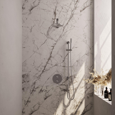 BRAUER Douche pluie thermostatique encastrée en acier brossé - 3 voies - rond - ensemble 85 - douche principale de 20 cm - bras mural droit - douchette à main - flexible de douche - barre de douche intégrée - inox brossé PVD