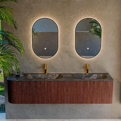 Mondiaz KURVE-DLUX Badkamermeubelset - 175x46x40cm - 2 lade - 1 deur - wastafel solid surface - dubbel / rechts - 2 kraangaten - Ruby