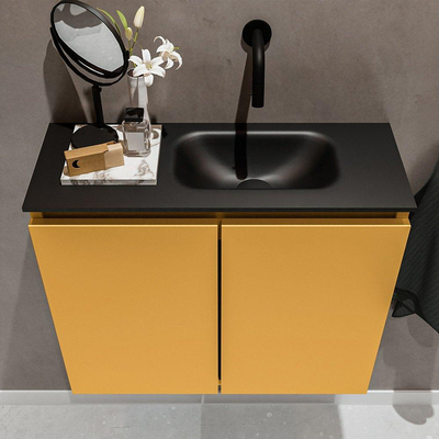 MONDIAZ TURE Toiletmeubel 60x23x50cm met 0 kraangaten 2 deuren ocher mat Wastafel Eden rechts Solid Surface Zwart