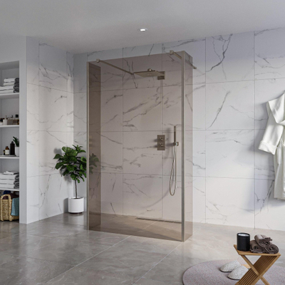 FugaFlow Eccelente Vetro Vrijstaande inloopdouche badkamer - 120x200cm - Rookglas - antikalk - 8mm veiligheidsglas - 2 zijwanden 30cm - met wandarmen en hoekprofielen - Gunmetal -