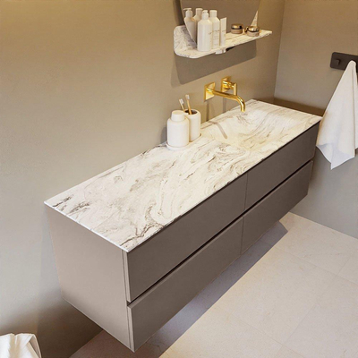 Mondiaz VICA-DLUX ensemble de meuble de salle de bain - 150cm - meuble sous-vasque fumée - 4 tiroirs - lavabo encastré nuage droite - sans trous de robinet - version haute 60cm - glace