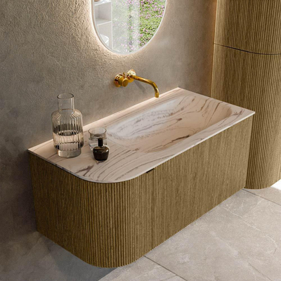 MONDIAZ KURVE-DLUX Meuble de salle de bains 95cm arrondi à gauche couleur Dusk avec 1 tiroir et 1 porte. Lavabo BIG SMALL à droite sans trou de robinet Nata.