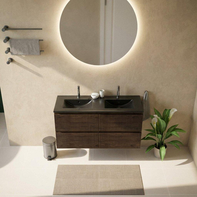 Saniclass Holz Atelier Ensemble de meubles de salle de bains - 120x45x62cm - Lavabo Vygo en céramique noir - 2 vasques - 2 trous de robinet - 2 tiroirs - chêne charcoal mat (bois)