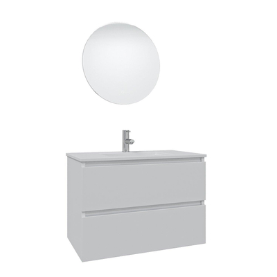 Saniclass Chaci Meuble de salle de bain - 80x46x55cm - lavabo en céramique blanc - 1 vasque - sans trous de robinet - 2 tiroirs - ronde miroir avec éclairage - blanc mat