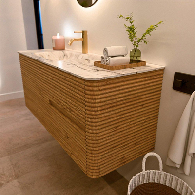 Mondiaz CIRO-DLUX Ensemble de meubles de salle de bains - 120x45x50cm - Plan vasque en solid surface Glace - 1 vasque à gauche - 1 trou de robinet - 2 tiroirs - Chêne