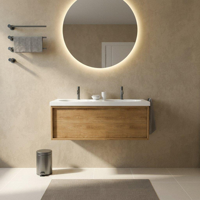 Saniclass Holz Frame Ensemble de meubles de salle de bains - 120x45x43.5cm - lavabo en céramique Palermo blanc - 2 vasques - 2 trous de robinetterie - 1 tiroir - chêne natural mat (bois)