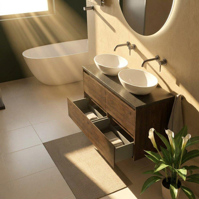 Saniclass Holz Pure Ensemble de meuble de salle de bains - 120x45x63cm - lavabo en basalte Noche poli - 1 vasque - sans trou de robinet - 4 tiroirs - chêne charcoal mat (bois)