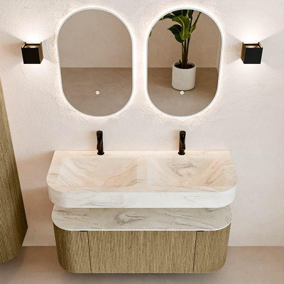 MONDIAZ THOR-DLUX 120cm meuble de salle de bains arrondi gauche + droite couleur Dusk avec 1 tiroir et 2 portes. Vasque suspendue CLOUD Double 2 trous de robinet couleur Ostra.