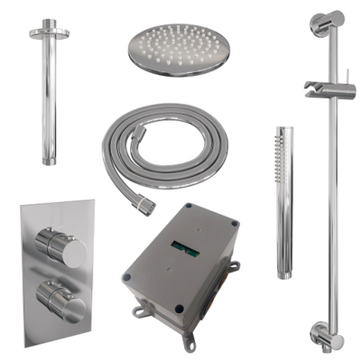 Brauer Chrome Edition Ensemble de douche de tête encastré - douche de tête 20 cm - bras de plafond 20 cm - 2 fonctions - barre de douche - avec partie encastrée - douchette stick 1 jet - chrome