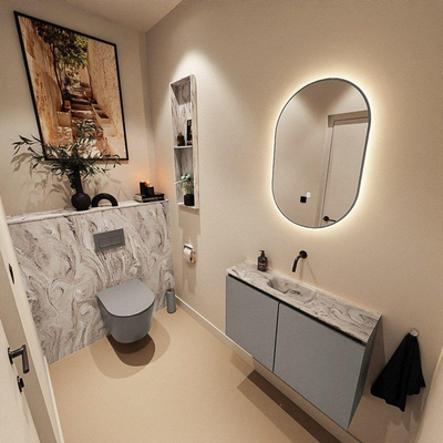 MONDIAZ TURE-DLUX Meuble toilette - 80cm - Smoke - EDEN - vasque Glace - position centrale - sans trou de robinet
