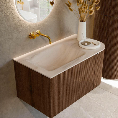 MONDIAZ KURVE-DLUX Meuble de salle de bains 85cm arrondi à droite couleur Walnut avec 1 tiroir et 1 porte. Lavabo CLOUD à gauche sans trou de robinet Meli.