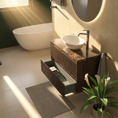 Saniclass Holz Atelier Ensemble de meubles de salle de bains - 100x45x63cm - Plan de toilette en pierre naturelle Noche dark emperador - 1 trou de robinet - 2 tiroirs - chêne charcoal mat (bois)