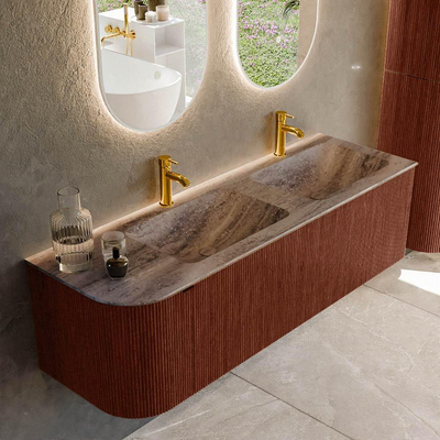 MONDIAZ KURVE-DLUX Meuble de salle de bains 145cm arrondi à gauche couleur Ruby avec 1 tiroir et 1 porte. Lavabo LEAF Double / Droite 2 trous de robinet Oza.