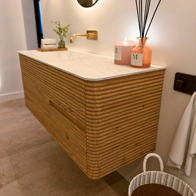 Mondiaz CIRO-DLUX Meuble de salle de bains - 120x45x50cm - plan vasque solid surface Opalo - 1 vasque à gauche - sans trous de robinetterie - 2 tiroirs - Chêne