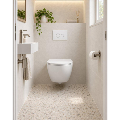 QeramiQ Dely Swirl Compact Toiletset - inbouwreservoir QeramiQ flush - slim zitting - metalen bedieningsplaat mat wit - ronde knoppen - glans wit