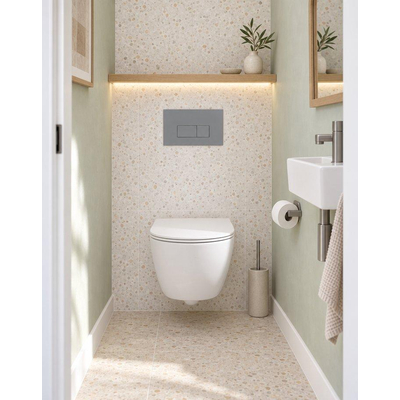 QeramiQ Dely Swirl Compact Toiletset - inbouwreservoir Geberit UP320 - met Burda frame - slim zitting - kunststof bedieningsplaat licht grijs - rechthoekige knoppen - mat wit
