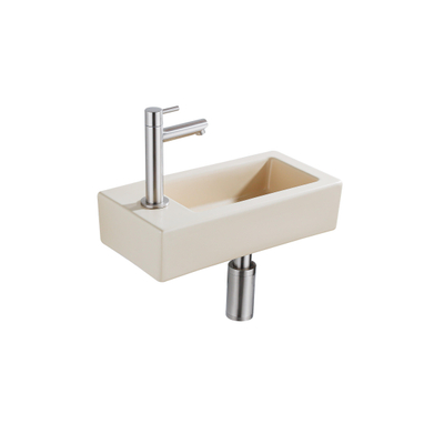 QeramiQ Fuente Fonteinset - 37.5x18.5x9cm - keramiek - kraangat links - fonteinkraan geborsteld RVS - afvoerplug - verlaagd sifon - Mat Beige