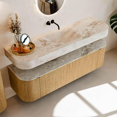 MONDIAZ THOR-DLUX 160cm badmeubel ronding links + rechts kleur Oak met 1 lade en 2 deuren. Vrijhangende wastafel CLOUD Midden zonder kraangat kleur Frappe.