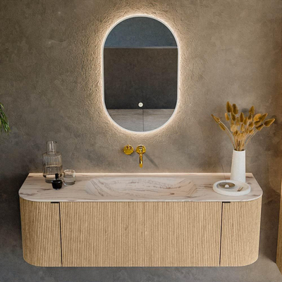 MONDIAZ KURVE-DLUX 140cm badmeubel ronding Links + Rechts kleur Oak met 1 lade en 2 deuren. Wastafel BIG SMALL Midden zonder kraangat Nata.