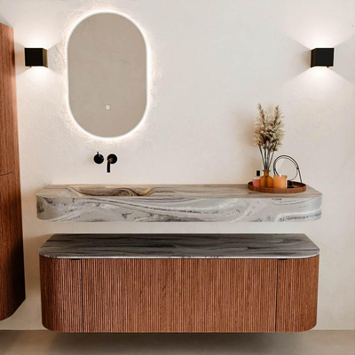 MONDIAZ THOR-DLUX 150cm meuble de salle de bains arrondi gauche + droite couleur Ruby avec 1 tiroir et 2 portes. Vasque suspendue CLOUD Gauche sans trou de robinet couleur Sombra.