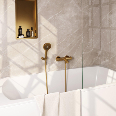 BRAUER Stripe Ensemble robinet thermostatique de bain-douche SET 04 - apparent - support mural - douchette à main 3 jets - flexible de douche - or brossé PVD