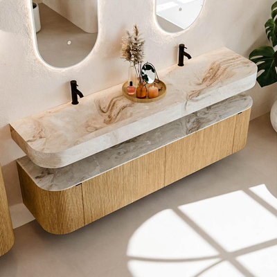 MONDIAZ THOR-DLUX Meuble de salle de bains 190cm arrondi gauche + droite couleur Oak avec 2 tiroirs et 2 portes. Vasque suspendue CLOUD Double 2 trous de robinet couleur Frappe.