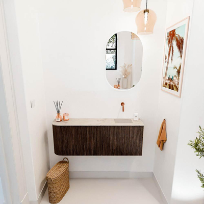 Mondiaz JOYA-DLUX 111.6cm toiletmeubel - ronding links kleur Walnut - Wastafel FAYE positie Rechts Zonder kraangat kleur Frappe.