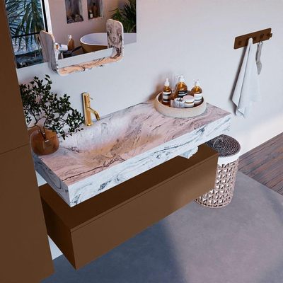 Mondiaz ALAN-DLUX Ensemble de meuble - 110cm - meuble Rust mat - 1 tiroir - Lavabo Cloud Glace suspendu - vasque Gauche - 1 trou de robinet