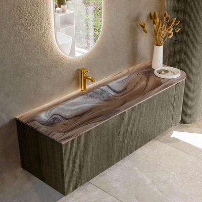 MONDIAZ KURVE-DLUX meuble de salle de bains 145cm arrondi à droite couleur Shadow avec 1 tiroir et 1 porte. Lavabo BIG LARGE à gauche 1 trou de robinet Sombra.