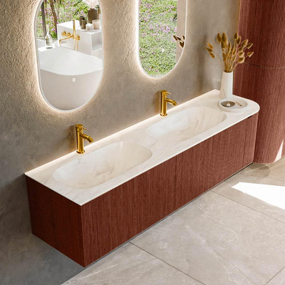 Ensemble de meuble de salle de bain Mondiaz KURVE-DLUX - 175x46x40cm - 2 tiroirs - 1 porte - lavabo en solid surface - double / gauche - 2 trous de robinet - Ruby