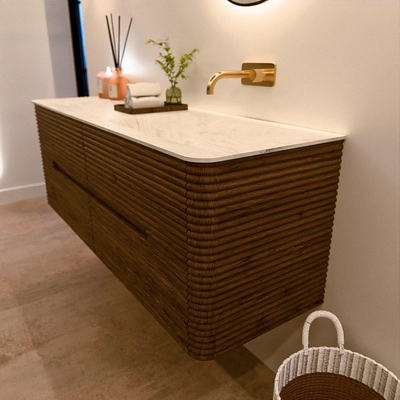 Mondiaz CIRO-DLUX Badkamermeubelset - 140x45x50cm - Solid surface wastafel Opalo - 1 wasbak Rechts - zonder kraangaten - 4 lades - Dusk