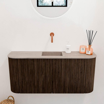 Mondiaz JOYA-DLUX 93.2cm toiletmeubel - ronding links en rechts kleur Walnut - Wastafel FAYE positie Midden Zonder kraangat kleur Saba.