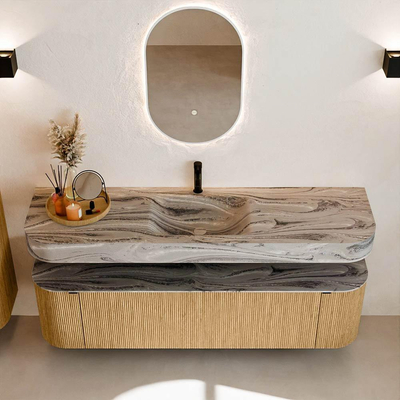 MONDIAZ THOR-DLUX Meuble de salle de bains 170cm arrondi gauche + droite couleur Oak avec 1 tiroir et 2 portes. Vasque suspendue CLOUD Milieu 1 trou de robinet couleur Sombra.
