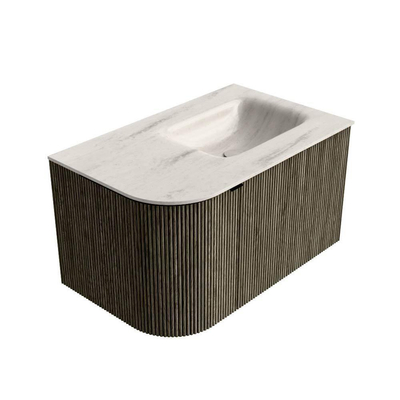 MONDIAZ KURVE-DLUX Meuble de salle de bains 75cm arrondi à gauche couleur Shadow avec 1 tiroir et 1 porte. Lavabo GRUNNE à droite 1 trou de robinet Meli.