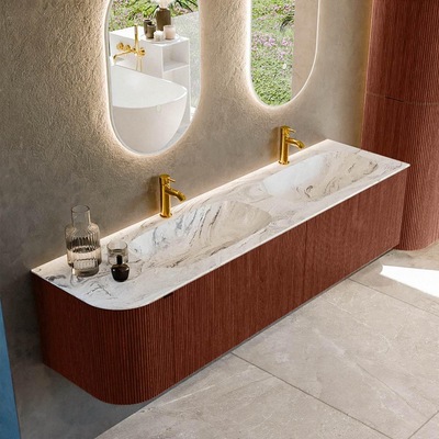 Mondiaz KURVE-DLUX Badkamermeubelset - 175x46x40cm - 2 lade - 1 deur - wastafel solid surface - dubbel / rechts - 2 kraangaten - Ruby