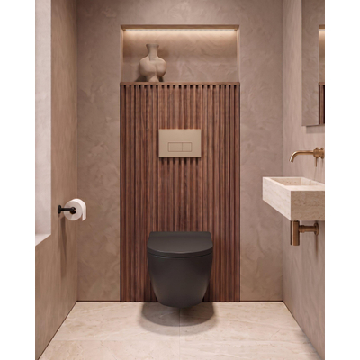 QeramiQ Dely Swirl Toiletset - 36.3x51.7cm - Geberit UP320 inbouwreservoir - met Burda frame - slimzitting - bedieningsplaat beige - rechthoekige knoppen - mat zwart