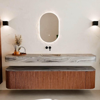 MONDIAZ THOR-DLUX 200cm meuble de salle de bains arrondi gauche + droite couleur Ruby avec 2 tiroirs et 2 portes. Vasque suspendue CLOUD Milieu sans trou de robinet couleur Sombra.