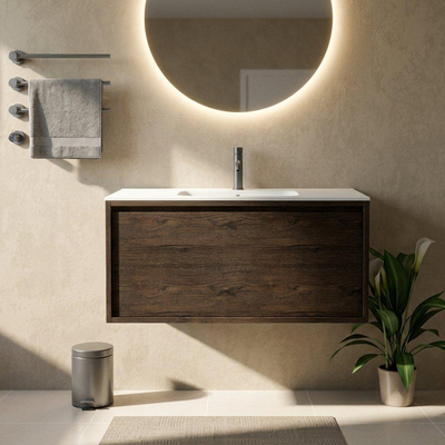 Saniclass Holz Frame Ensemble meuble de salle de bains - 100x45x41.5cm - Flow lavabo en solid surface blanc - 1 vasque - 1 trou de robinet - 1 tiroir - chêne charcoal mat (bois)