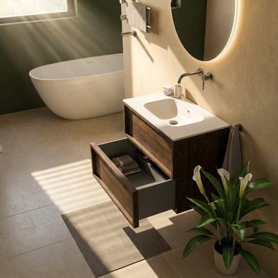 Saniclass Holz Frame Ensemble meuble de salle de bains - 80x45x61.5cm - lavabo Flow en solid surface blanc - 1 vasque - sans trou de robinetterie - 2 tiroirs - chêne charcoal mat (bois)