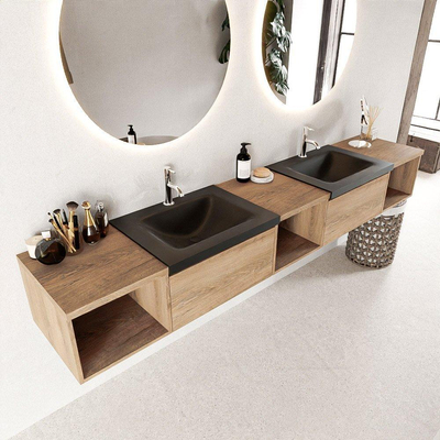 Mondiaz BUKLA badkamermeubelset 240x45x34cm 2 kraangaten 2 wasbakken solid surface Urban greeploos 2 lades met softclose Melamine Washed Oak