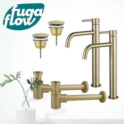 FugaFlow Eccelente Sobrado Badkamer Slim Wastafelkraanset - voor dubbele wastafel - verhoogde wastafelkraan - always open plug - verlaagde design sifon - PVD Geborsteld Messing