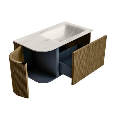 MONDIAZ KURVE-DLUX Meuble de salle de bains 85 cm arrondi à gauche couleur Dusk avec 1 tiroir et 1 porte. Lavabo CLOUD à droite 1 trou de robinet Meli.