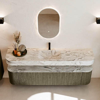 MONDIAZ THOR-DLUX 190cm meuble de salle de bains arrondi gauche + droite couleur Shadow avec 2 tiroirs et 2 portes. Vasque suspendue CLOUD Milieu 1 trou de robinet couleur Glace.