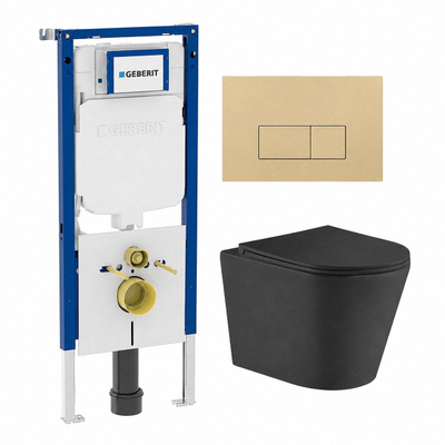 QeramiQ Dely Toiletset - 36.3x51.7cm - diepspoel - rimless - Geberit UP720 inbouwreservoir - softclose toiletzitting - bedieningsplaat beige - rechtehoekige knoppen - met Burda frame - mat zwart