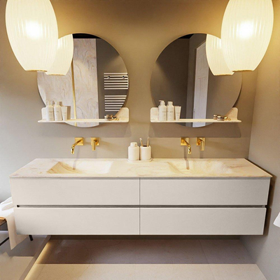 Mondiaz VICA-DLUX ensemble de meuble de salle de bain - 200cm - meuble sous-vasque lin - 4 tiroirs - lavabo encastrée nuage double - sans trous de robinet - version haute de 60cm - ostra