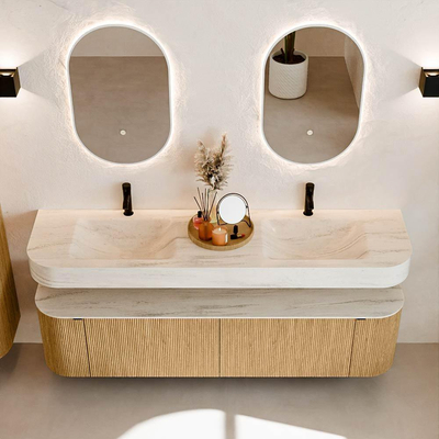 MONDIAZ THOR-DLUX 180cm badmeubel ronding links + rechts kleur Oak met 2 lades en 2 deuren. Vrijhangende wastafel CLOUD Dubbel 2 kraangaten kleur Meli.