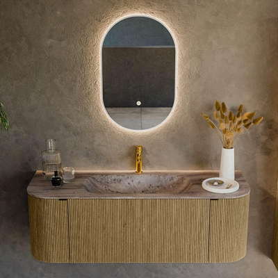 MONDIAZ KURVE-DLUX Meuble de salle de bains 130cm arrondi Gauche + Droite couleur Dusk avec 1 tiroir et 2 portes. Lavabo BIG SMALL Central 1 trou de robinet Oza.